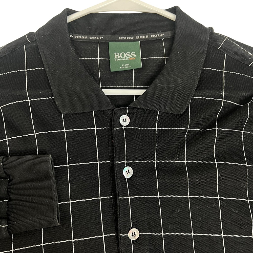 Hugo Boss Golf Polo Shirt Mens XL‎ Black Long Sleeve Windowpane Check Italy